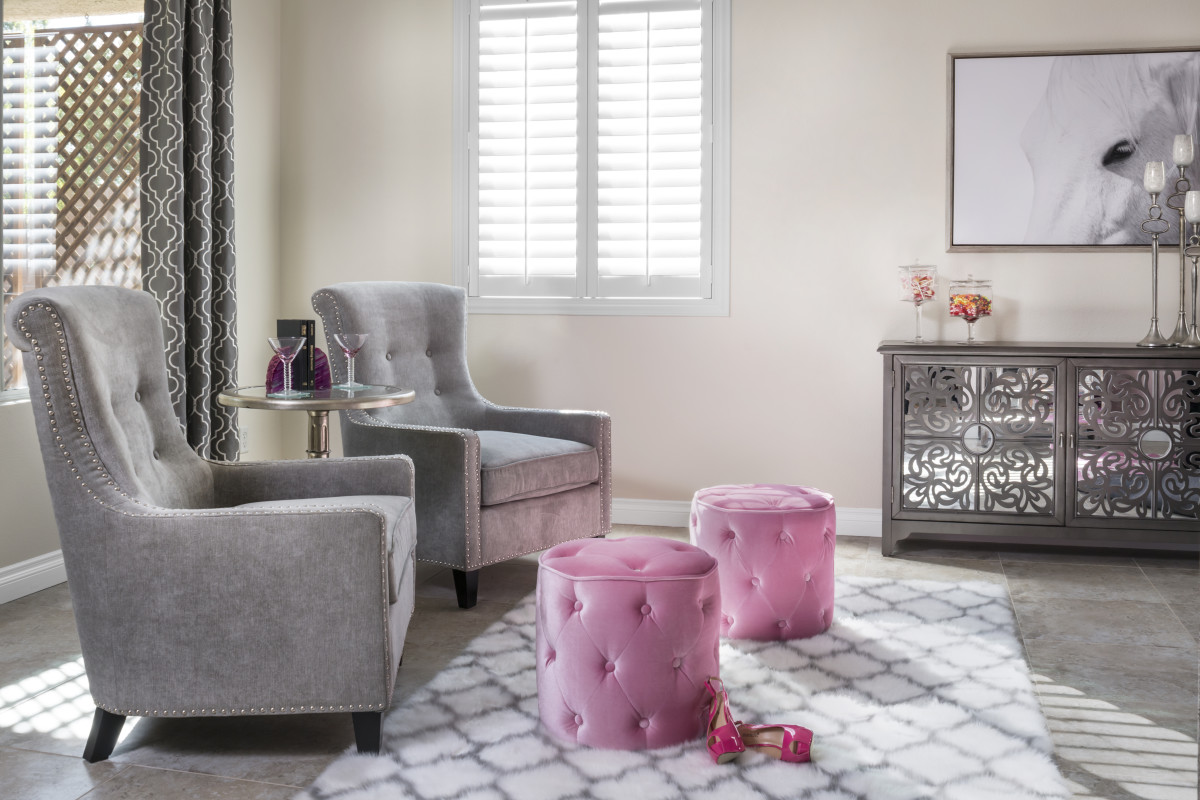 Boise pink living room with shutters
